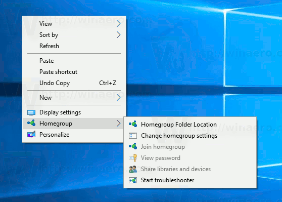 Menu ngữ cảnh của nhóm gia đình Windows 10