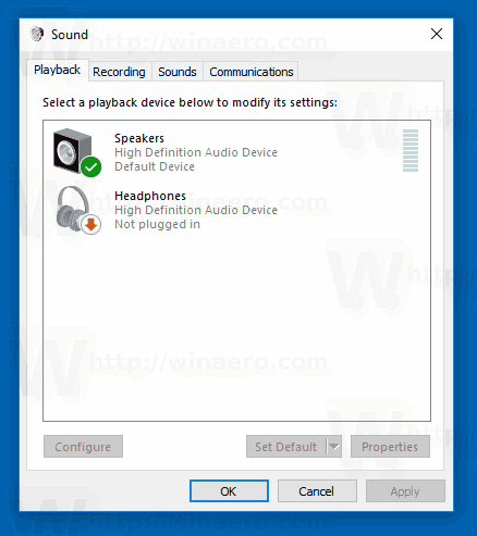Windows 10 klasiskā skaņas sīklietotne