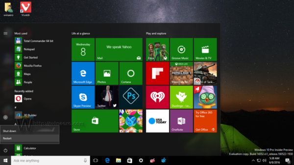 Menu Start systemu Windows 10 Uruchom ponownie element