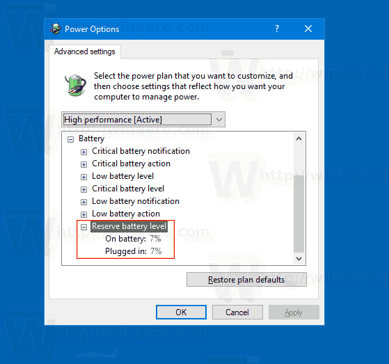 مستوى البطارية الاحتياطي في Windows 10