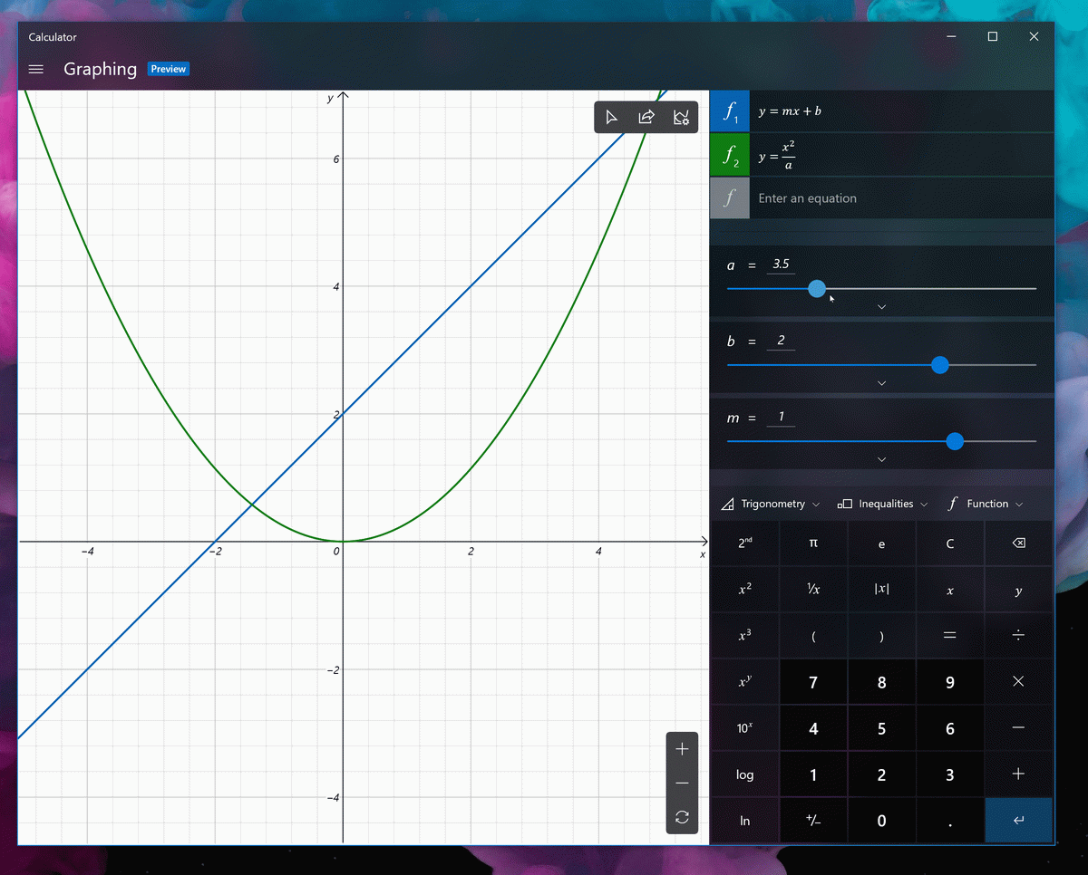 GIF pokazujący, jak za pomocą suwaka możesz manipulować zmiennymi równania i wyświetlać zmiany na żywo na wykresie.