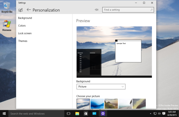 Windows 10 10074 εφαρμογή ρυθμίσεων εξατομίκευσης