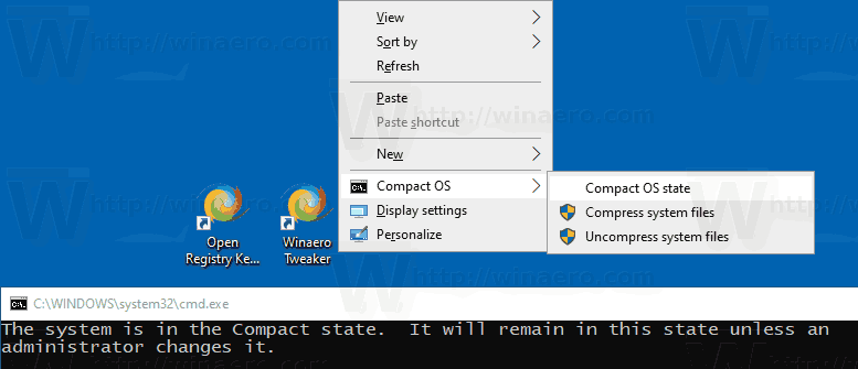 Windows 10 Compact -käyttöjärjestelmän pikavalikko