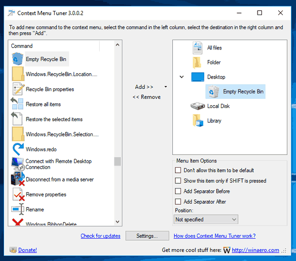 Tilføj tom papirkurv kontekstmenu Windows 10