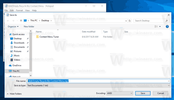 빈 휴지통 컨텍스트 메뉴 추가 Windows 10