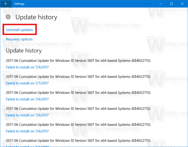 Afinstaller en opdatering Windows 10