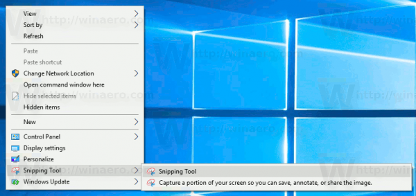 Windows 10 הוסף תפריט ההקשר של כלי Snipping