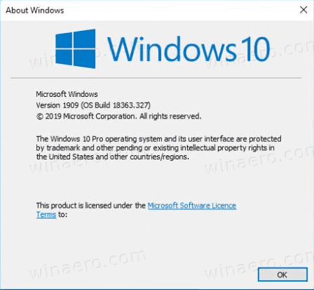 Windows 10 Bersyon 1909 Winver
