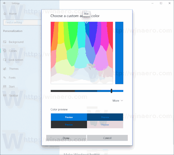 Okno dialogowe kolorów systemu Windows 10