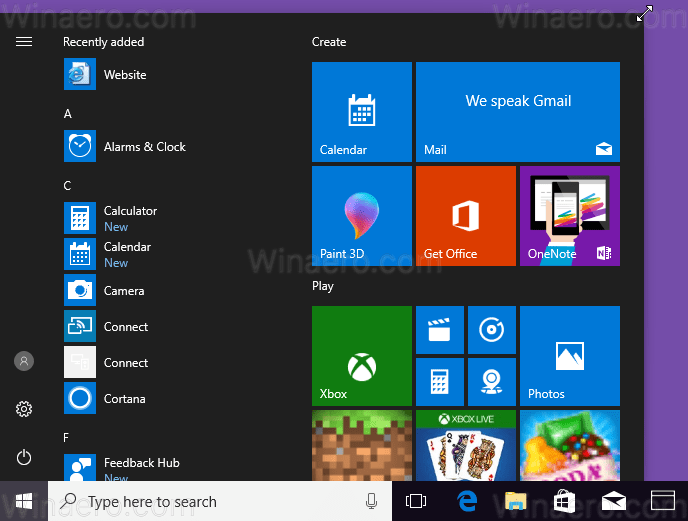 Sākt izvēlni Windows 10 pa diagonāli