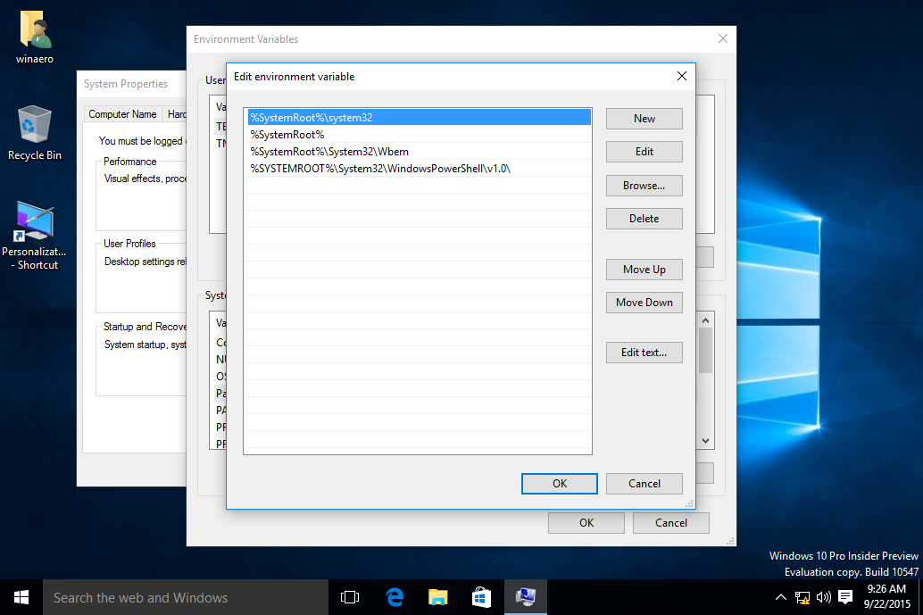 Windows 10 keskkonnamuutujate redigeerimine on valitud