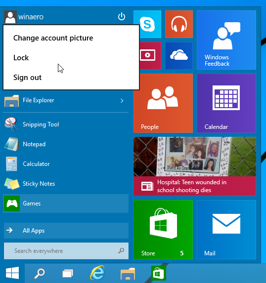 Windows 10 시작 메뉴 잠금 또는 로그 아웃