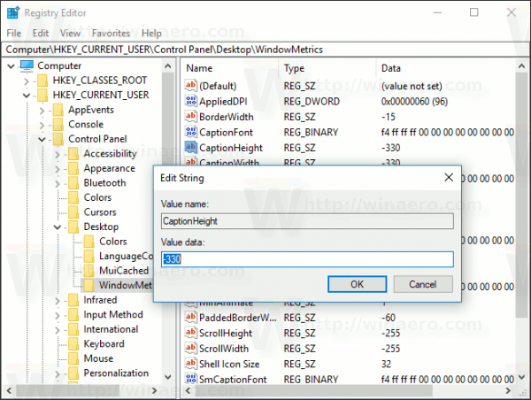 Windows 10 Canvia la mida del tipus de lletra de la barra de títol