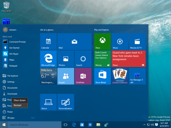 „Windows 10“ meniu Pradėti iš naujo