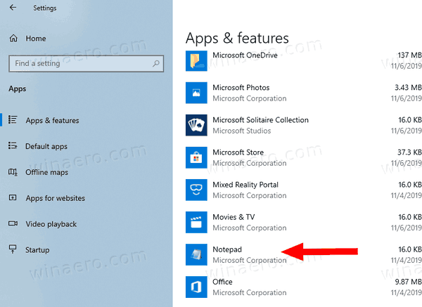 Windows 10 목록에서 메모장 찾기