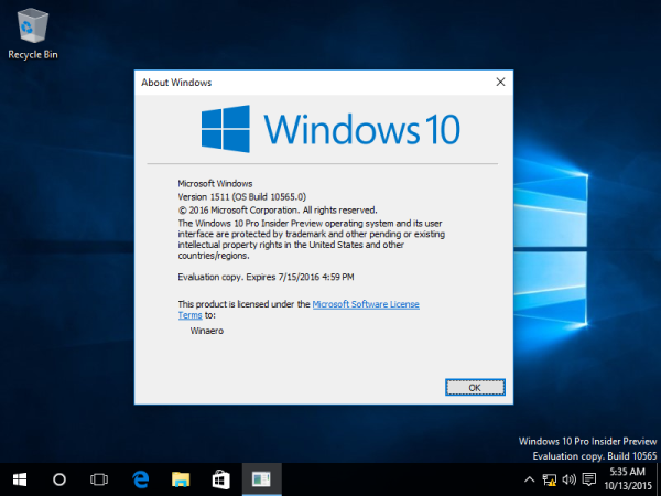 Windows 10 compilación 10565 winver