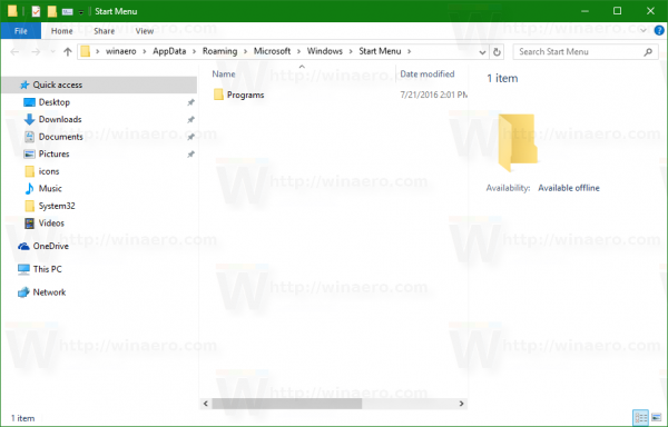 사용자 별 Windows 10 시작 메뉴 폴더
