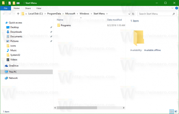 Dossier du menu Démarrer de Windows 10 commun