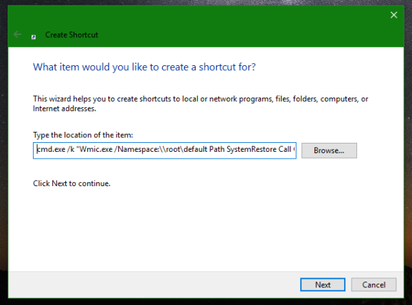 Windows 10 crea un collegamento al punto di ripristino