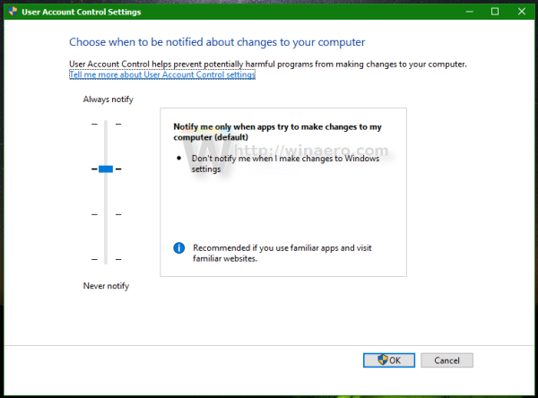 Windows 10 ändert das Fenster mit den Einstellungen für die Benutzerkontensteuerung