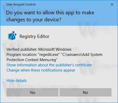 Windows 10 시스템 보호 컨텍스트 메뉴 추가