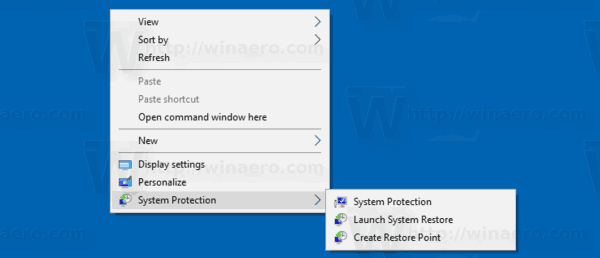 Menu contextuel de la protection du système Windows 10