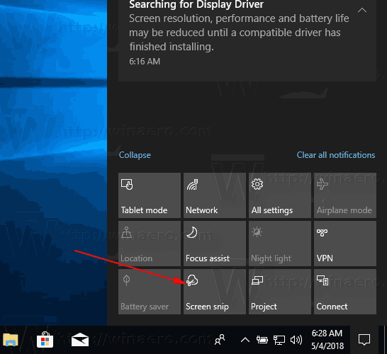 Przycisk akcji wycinania ekranu w systemie Windows 10