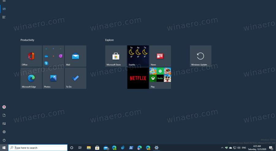Pantalla completa del menú Inicio de Windows 10