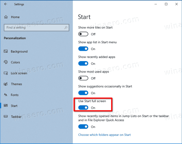 ForceStartSize Lag Start-menyen i fullskjerm I Windows 10