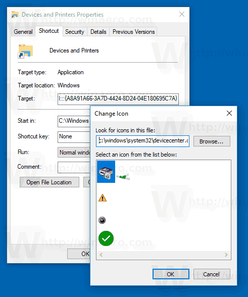 Opret enheder og printere Genvej i Windows 10
