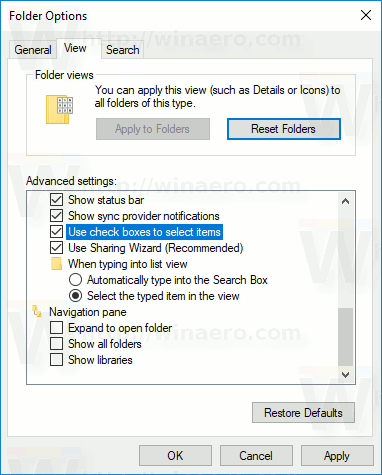 Windows 10 Activar casillas de verificación en las opciones del Explorador de archivos