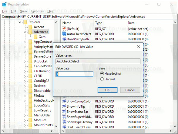 Windows 10 Schakel selectievakjes in het register in