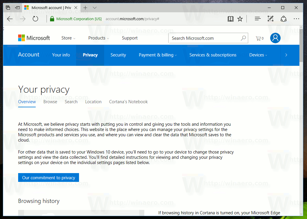 Microsoft 개인 정보 대시 보드