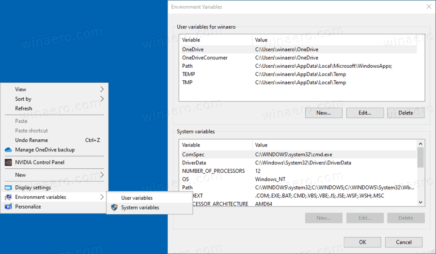 Kontekstni izbornik varijabli okoline sustava Windows 10