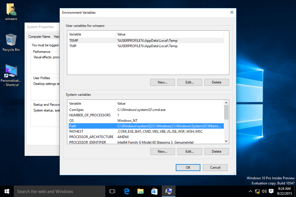 Pfad für Windows 10-Umgebungsvariablen ausgewählt