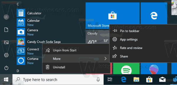 Menus contextuels de démarrage de Windows 10
