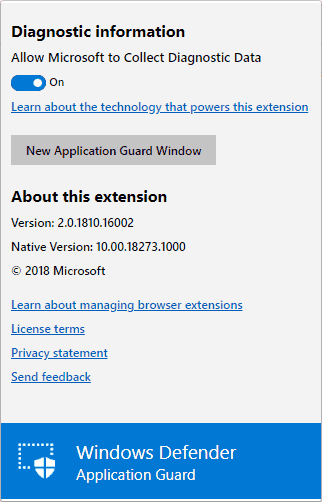 „Windows Defender Application Guard“ meniu