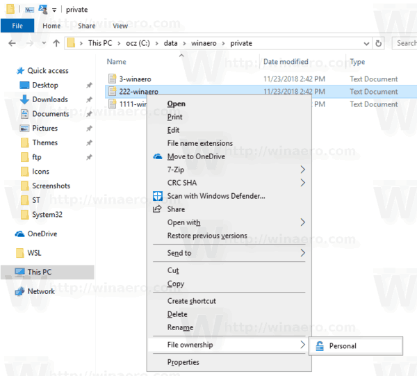 Windows 10 decrittografa un menu contestuale di file