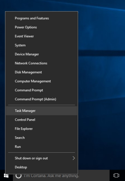 Windows 10 oppgavebehandling WinX