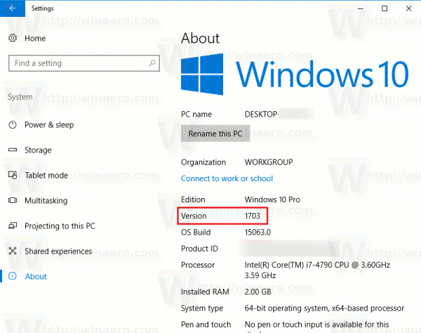 Paramètres du numéro de version de Windows