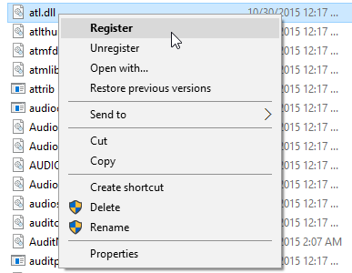 Menu contextuel de Windows 10 Register dll en action fi