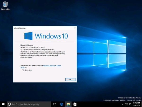 Bumuo ang Windows 10 ng 14271 winver