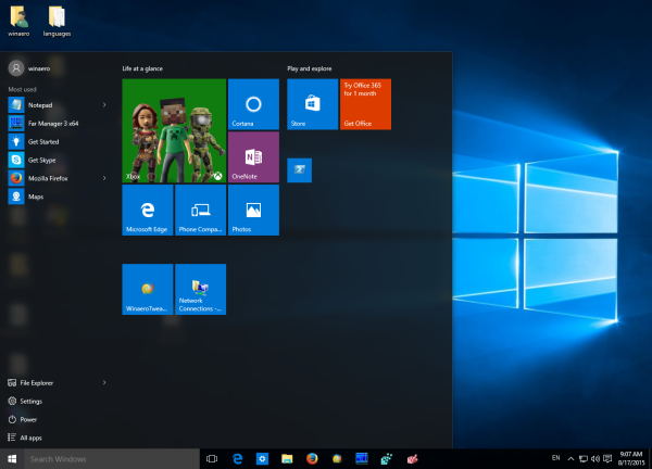 Windows 10 Start meniu spațiu