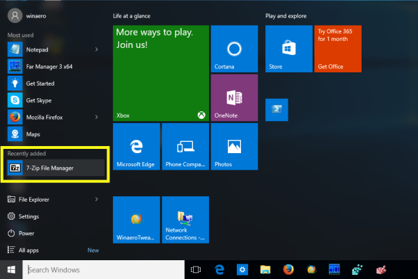 Меню Пуск в Windows 10 добавлено недавно
