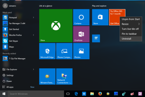 Windows 10 Käynnistä-valikko poistaa sovellusten asennuksen