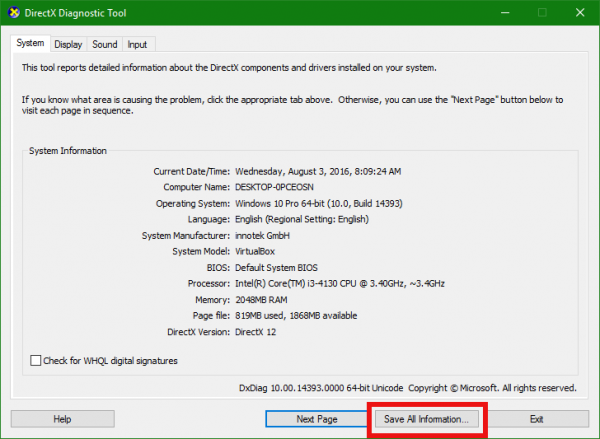 Windows 10 dxdiag αποθηκεύστε το κουμπί όλων των πληροφοριών