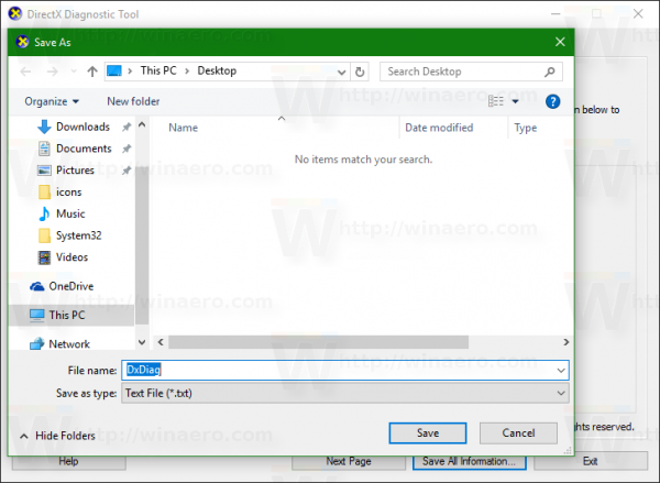 Windows 10 dxdiag saglabā visu informācijas failu