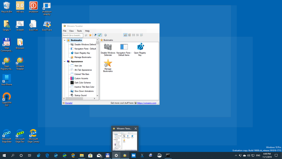 Windows10タスクバーサムネイルデスクトップウィンドウプレビュー