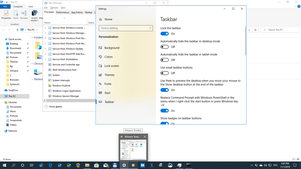 Aperçu de la fenêtre du bureau des miniatures de la barre des tâches Windows 10 désactivé