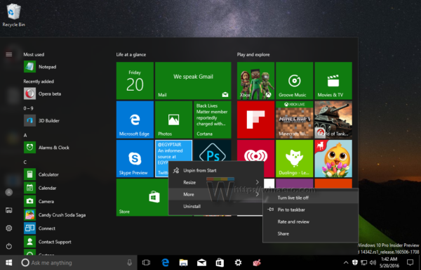 Windows 10 ปิดการใช้งานไทล์สด